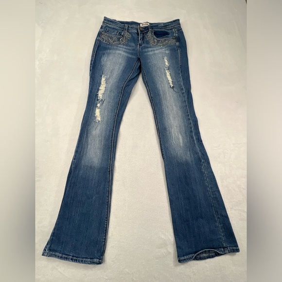 Vintage Mudd 7‎ Distressed, Rhinestone, Bootcut Flare Y2K Denim Jeans - Picture 1 of 11